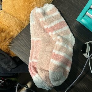 Rockport Fuzzy Striped Socks - Pink and White